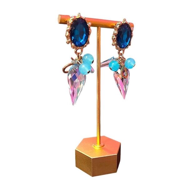 Teal Rhinestone And Blue Bead And Faux Crystal Gold Tone Dangle Earrings - Picture 3 of 3